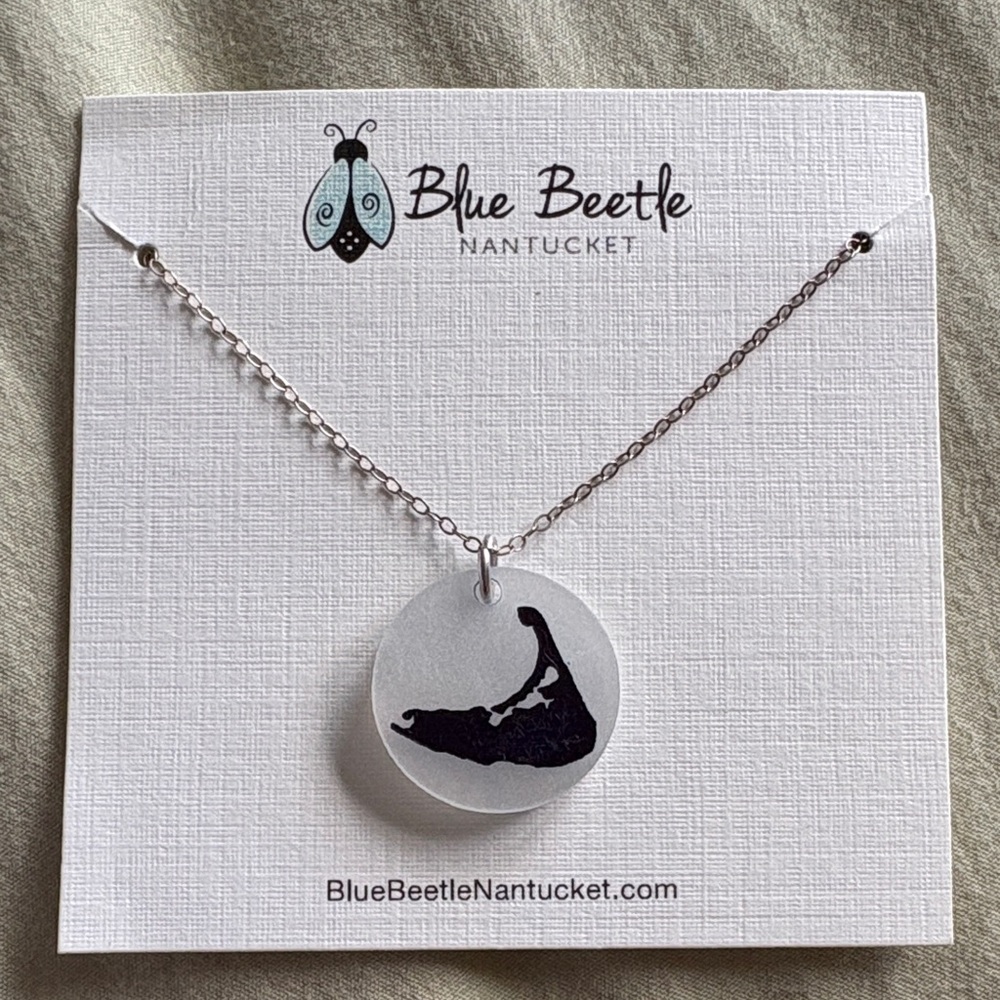 Blue Beetle Silver Pendant Necklace with Black Nantucket Silhouette